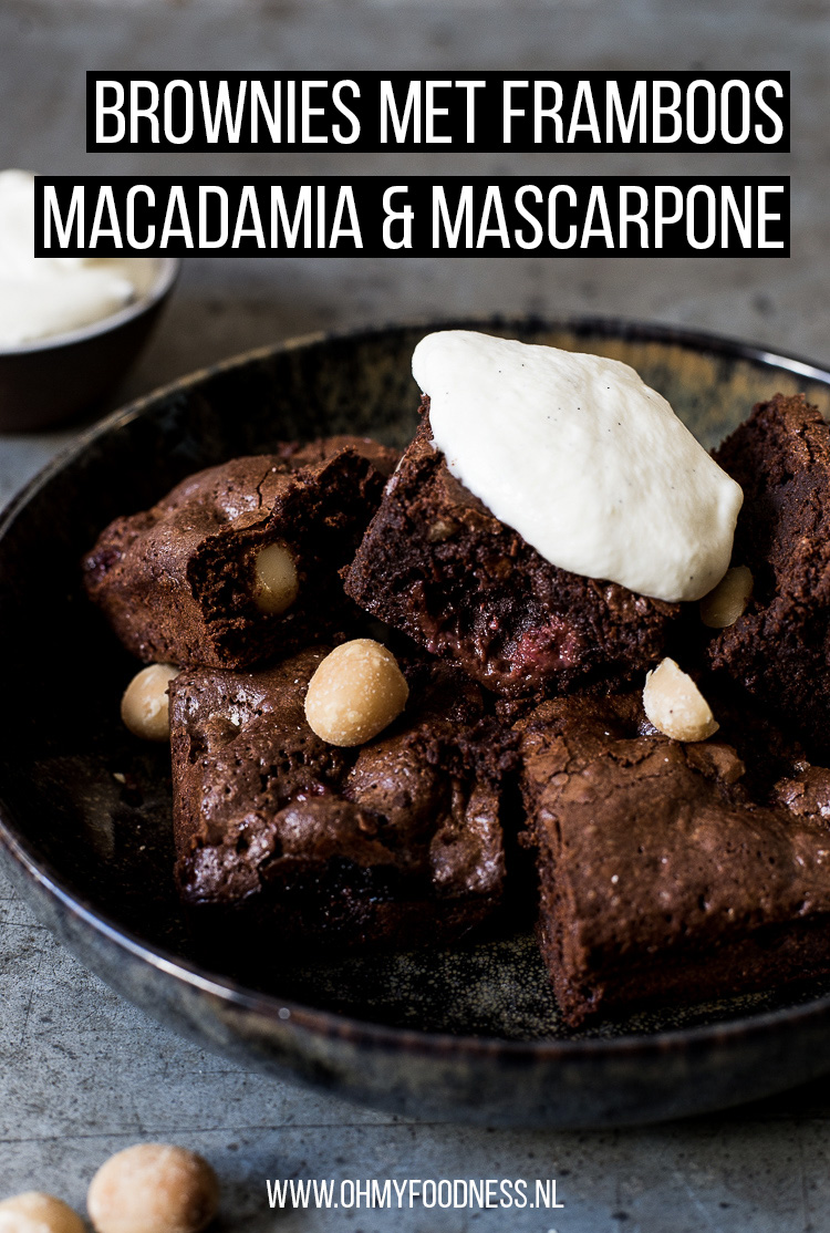 Brownies met framboos, macadamia en mascarpone