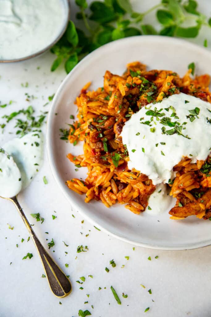 Tomaten orzo met kippendijen en tzatziki