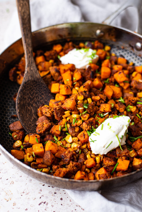 Zoete aardappel chorizo pannetje