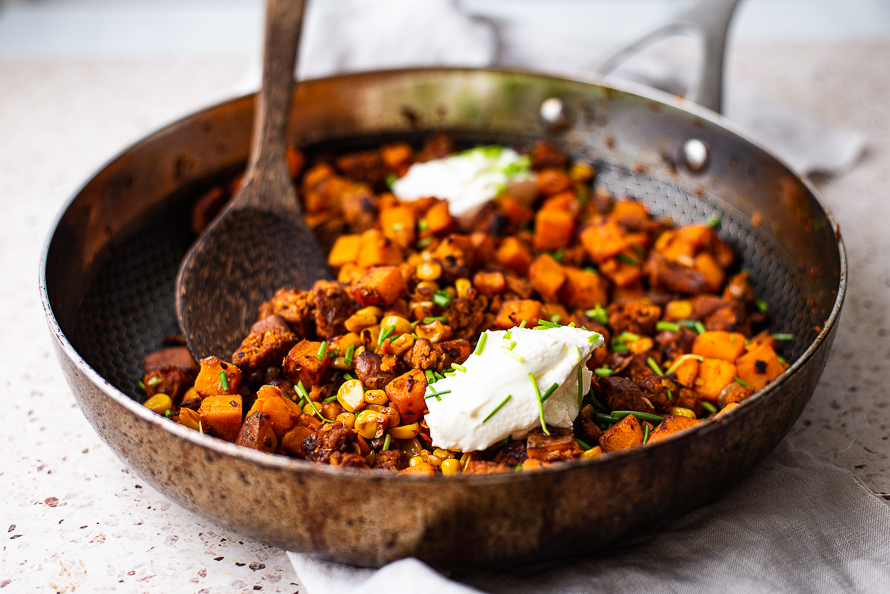 Zoete aardappel chorizo pannetje