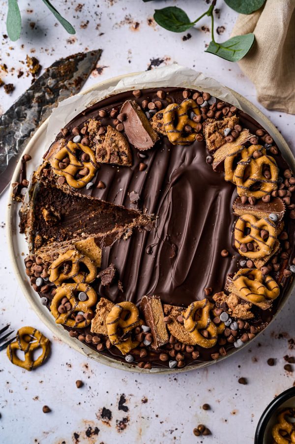 chocolade pretzel pindakaas cheesecake